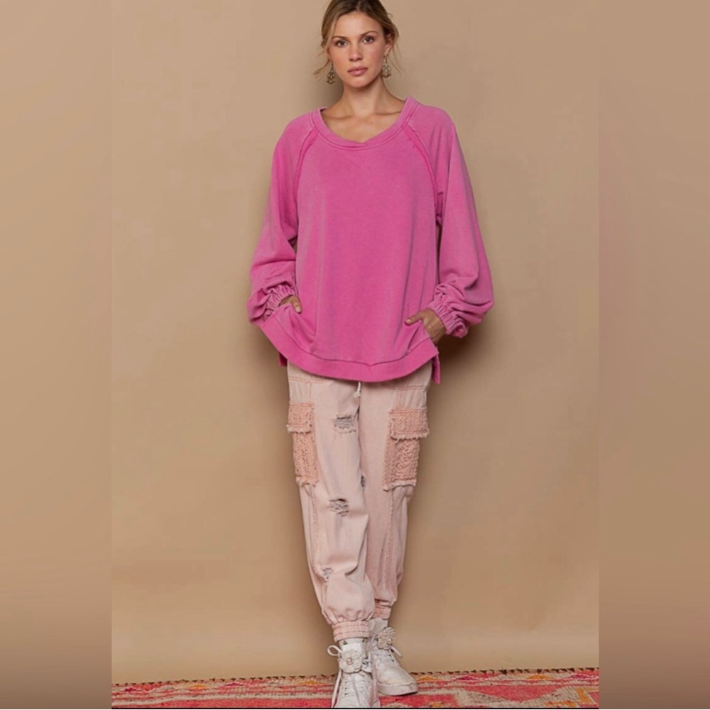 POL Hot Pink Crisscross Back Sweatshirt | Open Back | Slouchy Oversized Fit - Picture 3 of 6